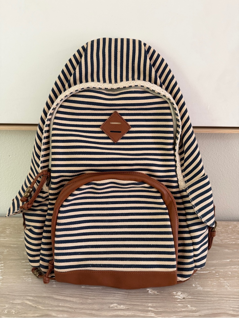 NEW Striped Navy & Cream Backpack with Brown Trim